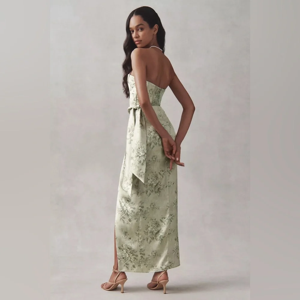 V. Chapman June Printed Corset Front-Slit Satin Gown in sage green - Picture 4 of 5